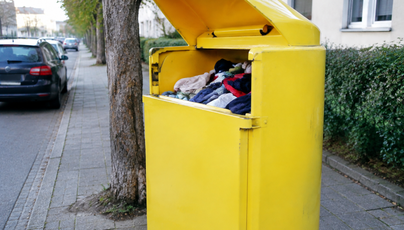 Conteneur jaune de textile au couvercle ouvert sur trottoir