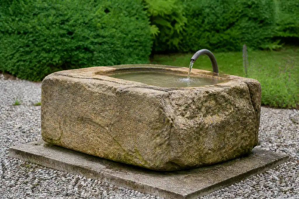 Fontaine en pierre posee sur dalle avec pompe immergee