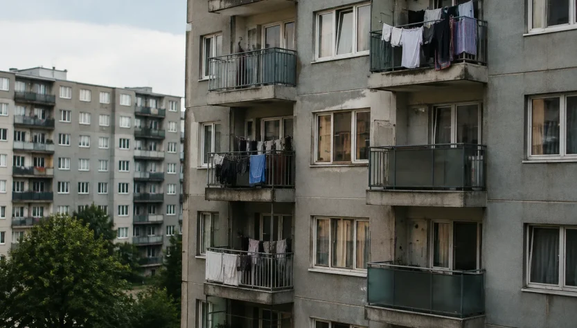 Grands immeubles gris avec balcons et linge etendu