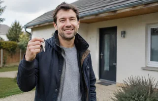Un homme tient des cles devant une maison individuelle