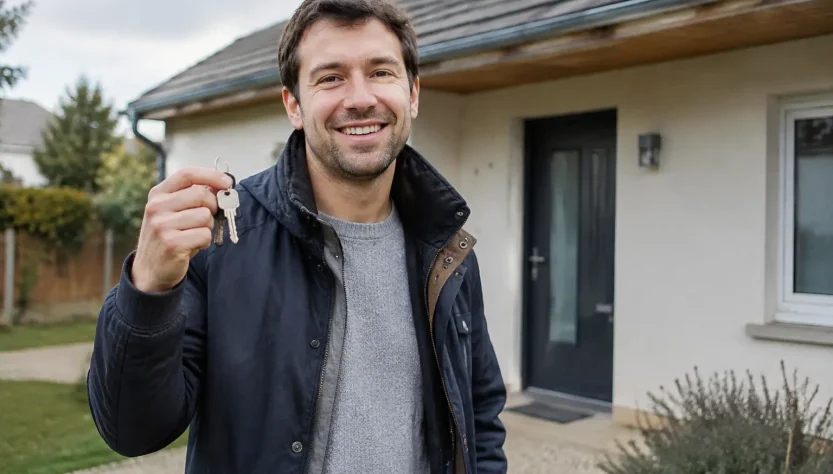 Un homme tient des cles devant une maison individuelle