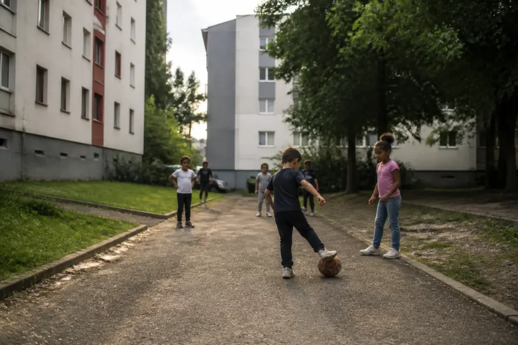 Immeubles collectifs et enfants jouant dans une cour