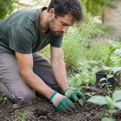 Jardinier agenouille repiquant jeune plant vert dans terre