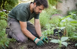 Jardinier agenouille repiquant jeune plant vert dans terre