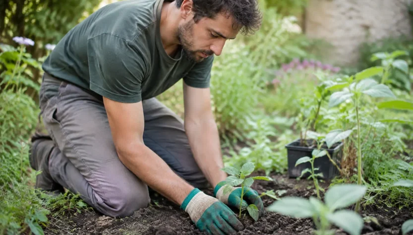 Jardinier agenouille repiquant jeune plant vert dans terre