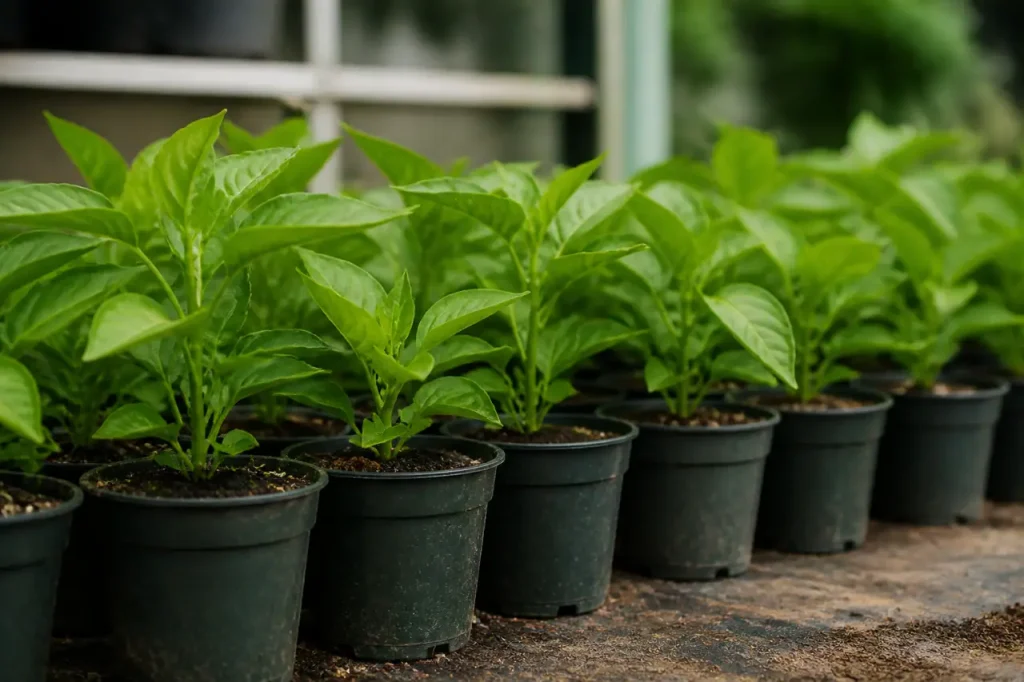 Jeunes plants trapus vert vif alignes dans des godets