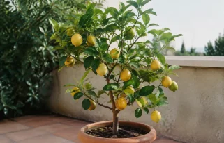 Petit arbre aux fruits jaunes pose sur terrasse