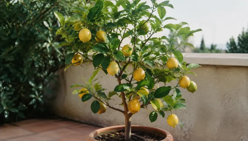 Petit arbre aux fruits jaunes pose sur terrasse