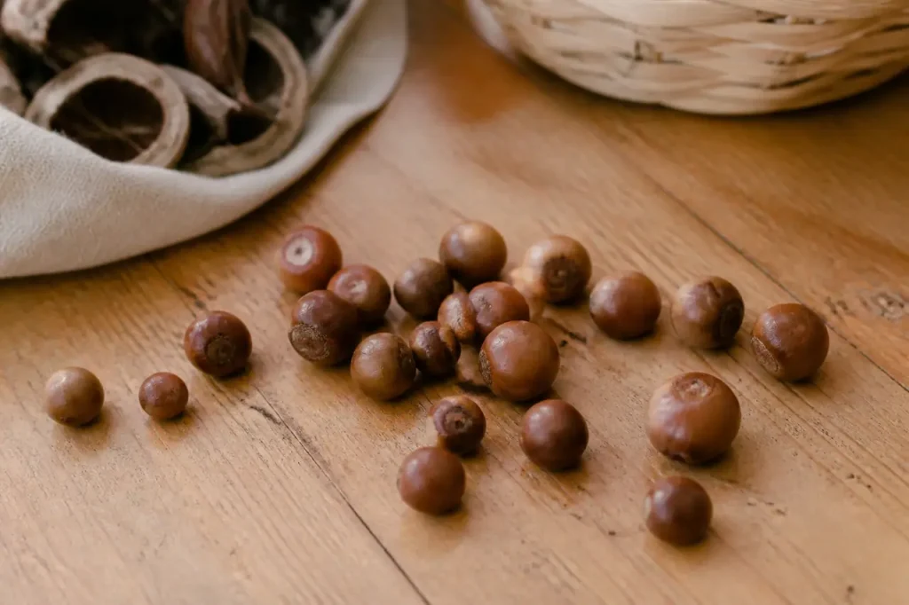 Petits fruits bruns sur une table en bois