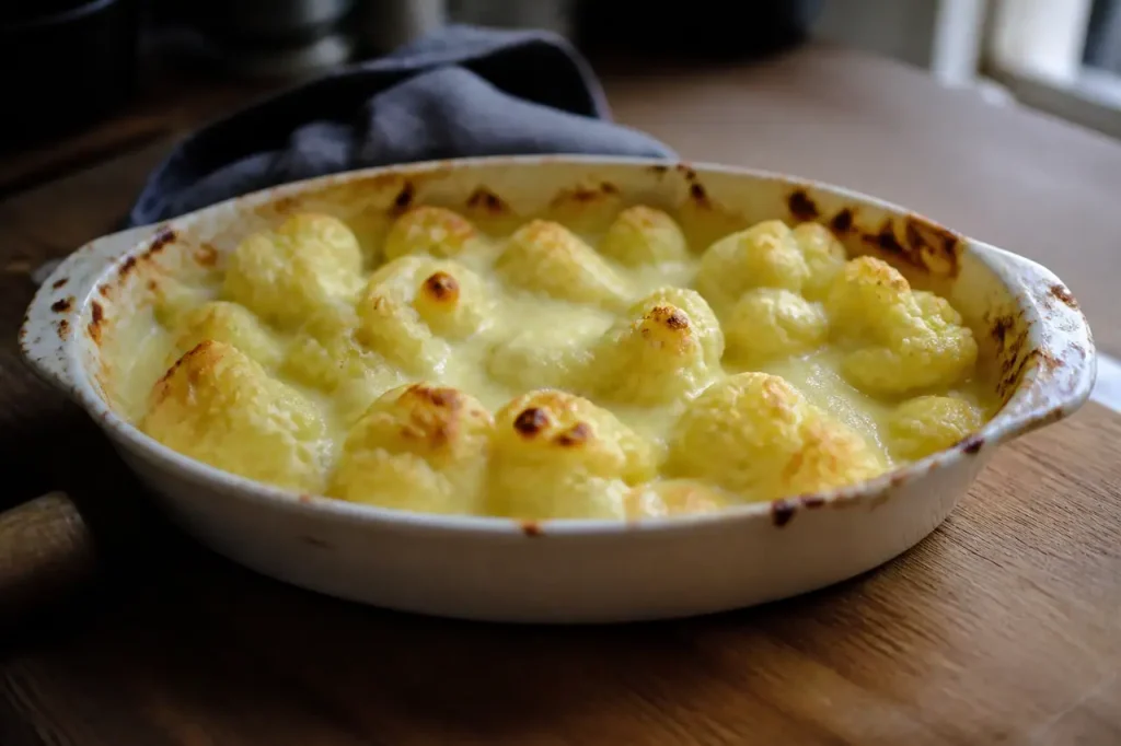 Plat blanc avec fromage fondu et fleurettes visibles dessus