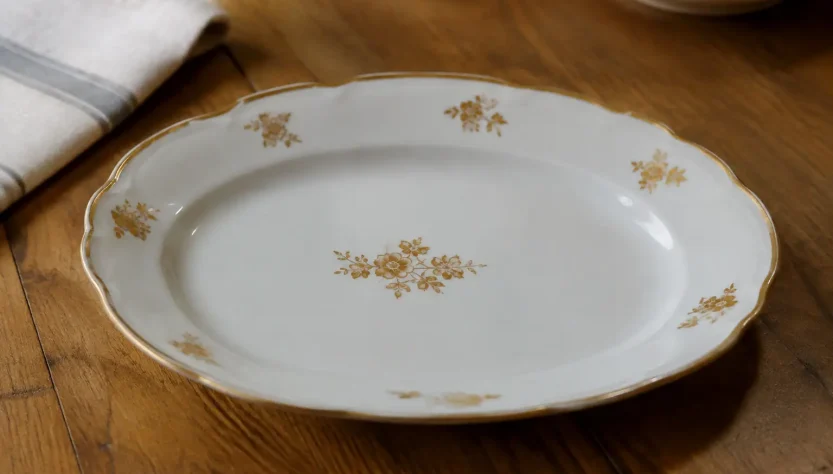 Plat blanc garni de fleurettes dorees pose sur table