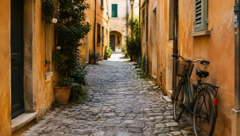 Ruelle pavee avec maisons ocre et velo appuye