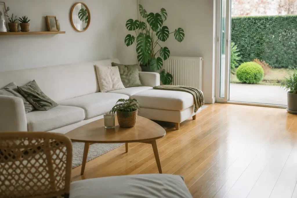 Salon lumineux avec canape, plante verte et parquet clair