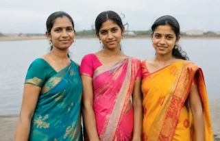 Trois femmes en sari debout cote a cote