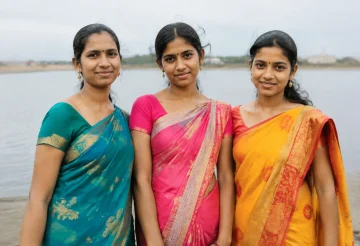 Trois femmes en sari debout cote a cote